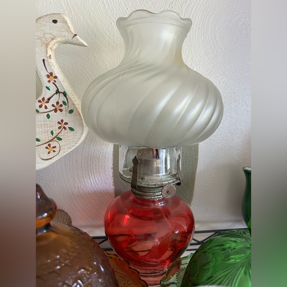 Other - Vintage Frosted Glass Oil Lamp with Red Base